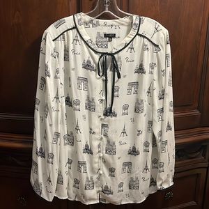 Talbots Size XLP Ivory/Black Paris Themed Blouse. Worn a few times. Easy keeper.